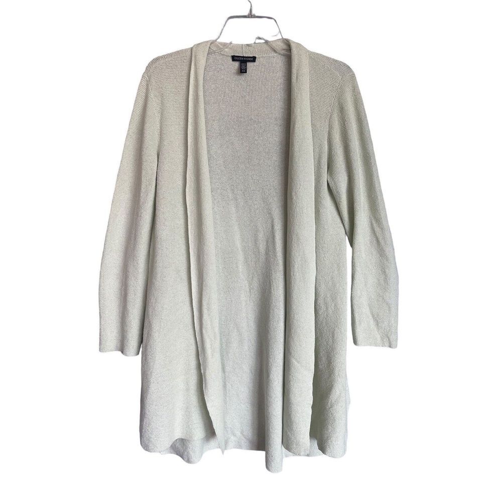 Eileen Fisher Sweater Long Light Pistachio Green Waffle Cardigan size Medium M‎